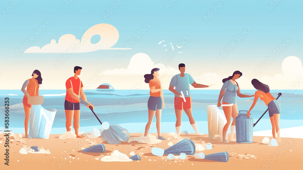 Group of eco volunteers picking up plastic trash on the beach, Charity, activists, earth day illustration