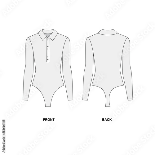 Outline drawing of women's polo with long sleeves, vector. Women's blouse template, front and back view. Vector drawing of a bodysuit with a collar, buttons in front and long sleeves.