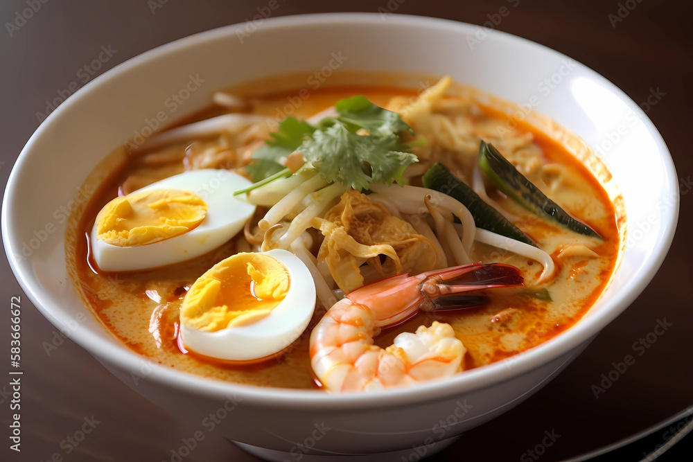 Laksa - Malaysia - Rice noodles, shrimp or chicken, coconut milk, lemongrass, curry paste, chili peppers (Generative AI) Laksa - Malaysia - Rice noodles, shrimp or chicken, coconut milk, lemongrass, curry paste, chili peppers (Generative AI)