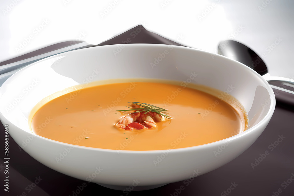 Lobster Bisque - France - Lobster, onions, carrots, celery, tomatoes, thyme, bay leaves, parsley, heavy cream, sherry (Generative AI) Lobster Bisque - France - Lobster, onions, carrots, celery, tomatoes, thyme, bay leaves, parsley, heavy cream, sherry (Generative AI)