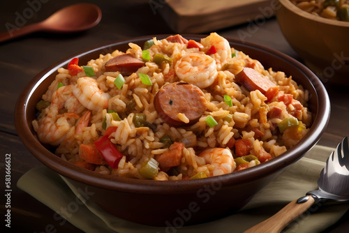 Jambalaya - United States - Rice, sausage, chicken, shrimp, peppers, onions (Generative AI)