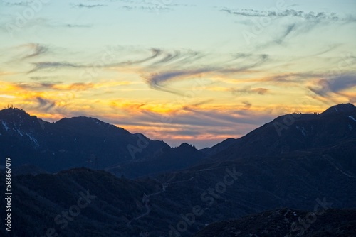 The sun sets and dusk falls on the Angeles Crest Highway  a winding route through the San Gabriel Mountains and Angeles National Forest just north of Los Angeles