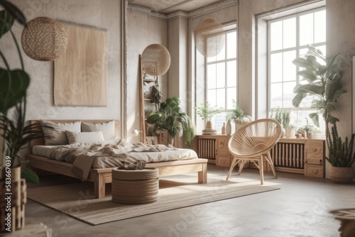 Boho scandinavian farmhouse interior. Beige bedroom with natural wood furniture, shutters, and dry plants. Generative AI © 2rogan