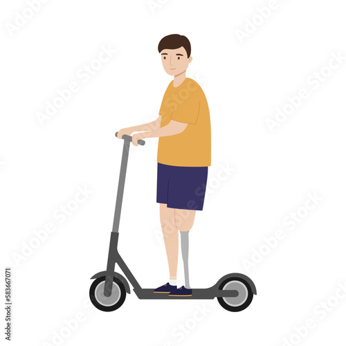 Young man with a prosthetic leg riding electric scooter. Handicapped person