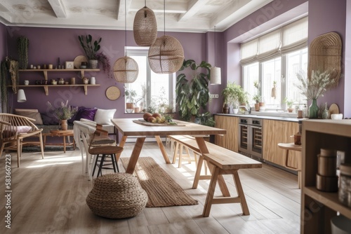 Wooden Scandinavian bohemian kitchen and dining table. Purple white table setup. Bohemian country decor . Generative AI