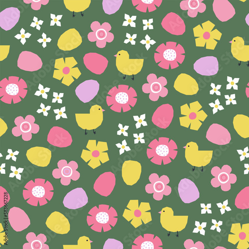 Seamless pattern with hand drawn chickens, Easter eggs and flowers. Cutout colorful plants and eggs on green background.