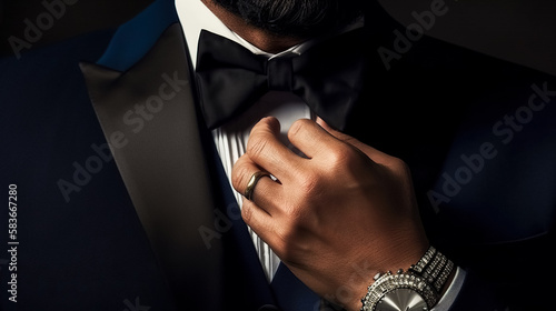 Rich Man in tuxedo and bow tie. Groom in suit, bow tie. banner with copy space for text. digital ai art	 photo