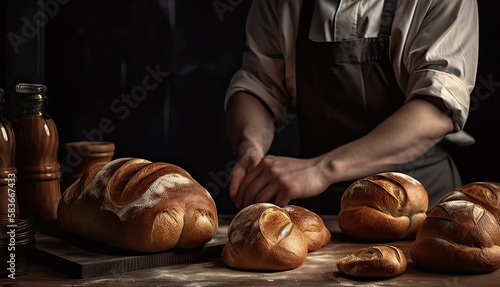 Baker in the kitchen with toasted bread on dark background. Generative AI.