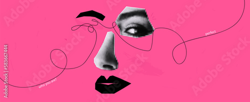 A collage of paper and cut out elements. Eyes nose and lips and eyebrows. Halftone effect banner for beauty salon and advertising beauty treatments. Vector punk illustration, cover