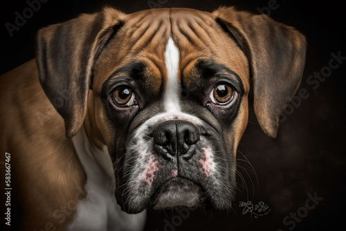 Majestic Boxer Dog on Dark Background: Showcasing the Loyal, Energetic and Playful Breed Traits © ThePixelCraft
