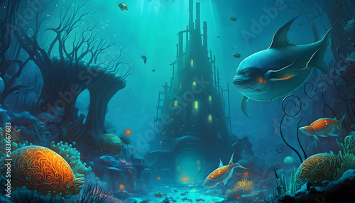 Underwater city with fishes. Generative AI