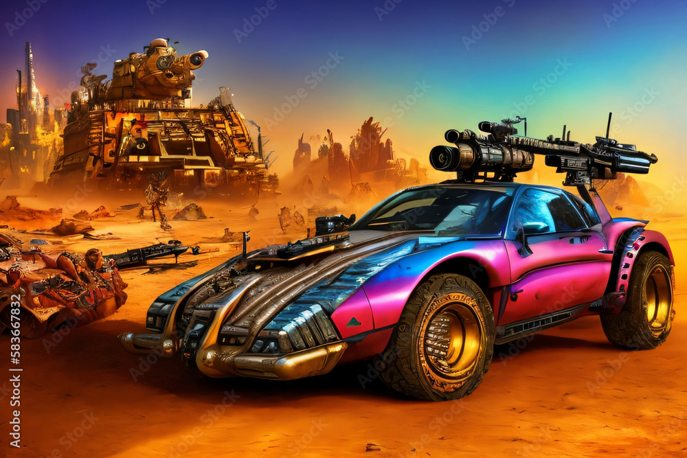 Sleek Purple Dystopian Desert  Landscape Survival Custom Vehicle with Weapons Generative Ai Illustration