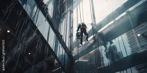 worker hanging or suspended working on the skyscraper, generative AI