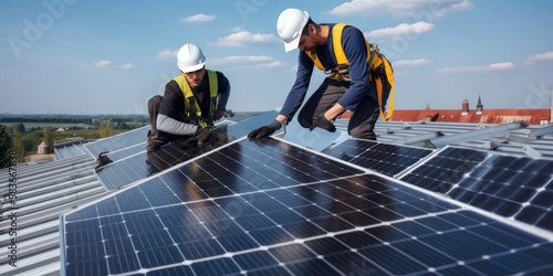 workers installing photovoltaic solar panels, generative AI