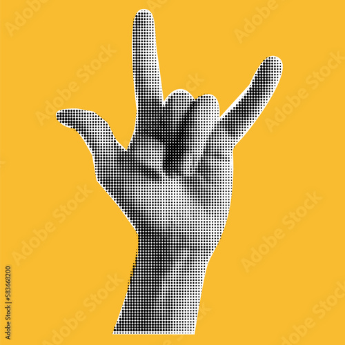 Collage banner with halftone effect hand with gesture Rock. Ripped off fingers and sweat. Textured background with abstract space and stars. Psychedelic poster. New Wave. Punk