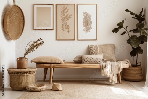 Scandi Boho style mockup frame in beige room with natural wooden furnishings. Generative AI