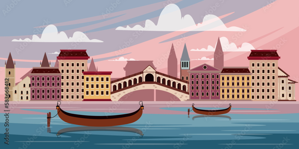 Vector illustration travel through Venice in cartoon style. Boats against the background of the bridge and buildings nearby. The sky is illuminated by the rays of the rising sun. Sights of Italy.