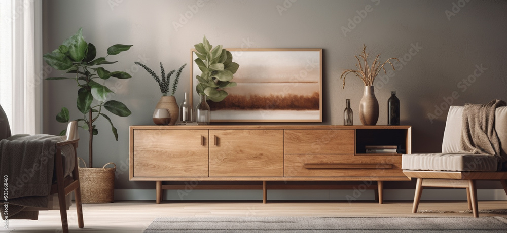Contemporary living room with wooden dresser,Generative AI Contemporary living room with wooden dresser,Generative AI