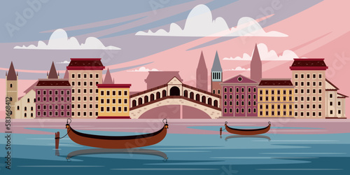 Vector illustration travel through Venice in cartoon style. Boats against the background of the bridge and buildings nearby. The sky is illuminated by the rays of the rising sun. Sights of Italy.