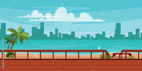 Vector illustration of a beautiful embankment with palm trees and a descent to the water, in a cartoon style.The city beach of clear blue water with buildings on the horizon.
