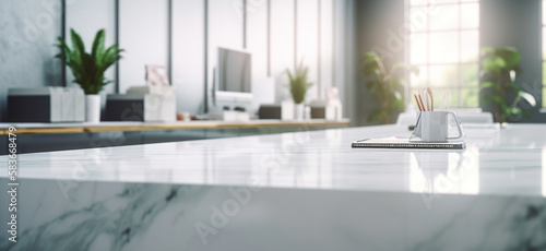 Empty white marble tabletop and blurred bokeh office Generative AI