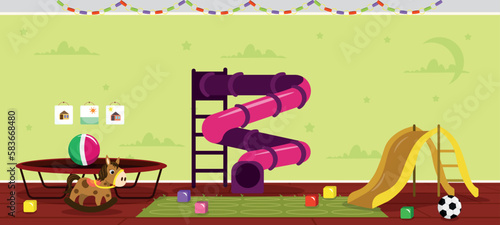 Vector illustration of childrens playroom with green walls and wooden floor in cartoon style. A room with slides, a trampoline, a toy horse, cubes, a beach ball and a soccer ball.