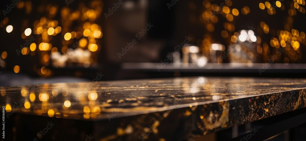 Modern empty dark gold marble table top on blurry bokeh room interior,Generative AI