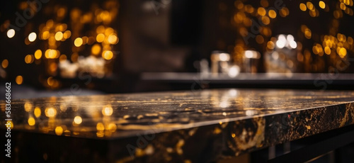Modern empty dark gold marble table top on blurry bokeh room interior,Generative AI