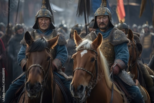 Genghis Khan's male and female Mongolian generals and warriors on the steppe © Hui