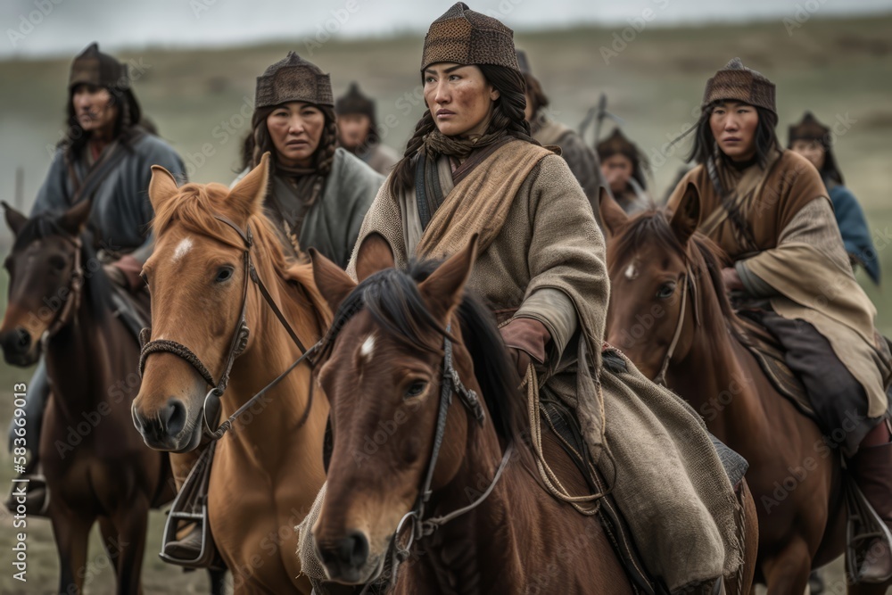 Genghis Khan's male and female Mongolian generals and warriors on the