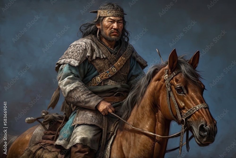 Genghis Khan's male and female Mongolian generals and warriors on the steppe Genghis Khan's male and female Mongolian generals and warriors on the steppe
