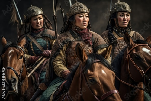Genghis Khan's male and female Mongolian generals and warriors on the steppe