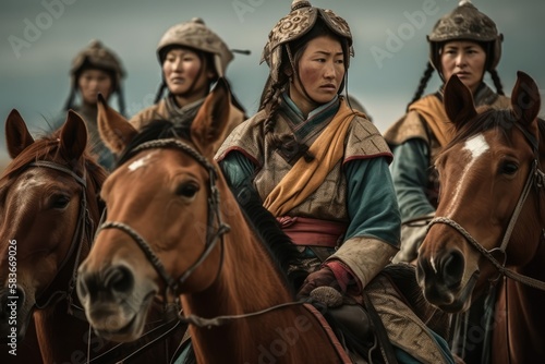 Genghis Khan's male and female Mongolian generals and warriors on the steppe