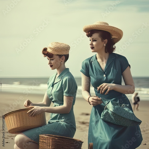 AI generative portrait of a beautiful young woman on the beach in retro style photo