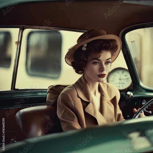 AI generative Beautiful girl in a hat driving a retro car. Retro style. photo