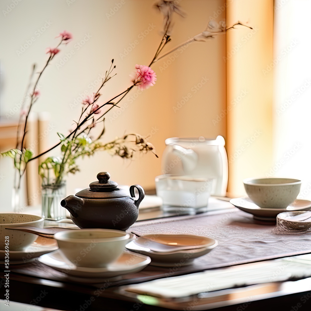 AI generative tea ceremony in chinese teapot and cup on table