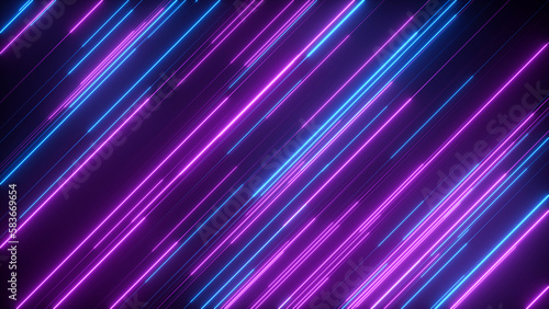 Abstract neon lines at an angle, blue and purple lines glow, abstract neon background - 3D Illustration