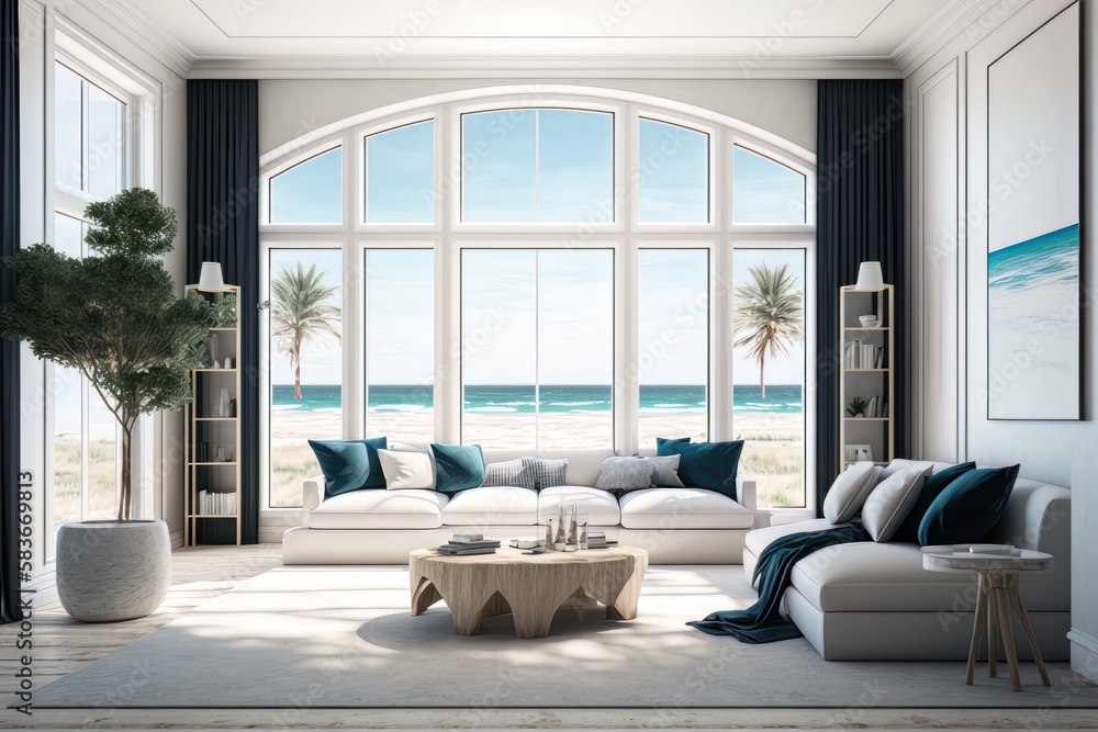 Fototapeta premium Beach house interior decoration. Generative AI