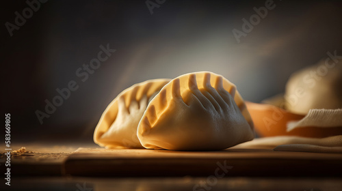 close-up photo of gorgeous delicious pierogi on light background, food photography, generative ai