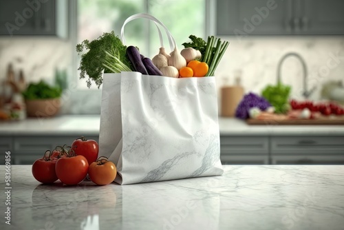 Reusable white shopping bag with colorful vegetables on kitchen table. Generative AI