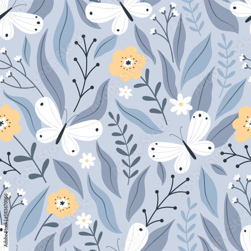 Seamless pattern with butterflies  flowers and leaves. Flat style pastel palette.