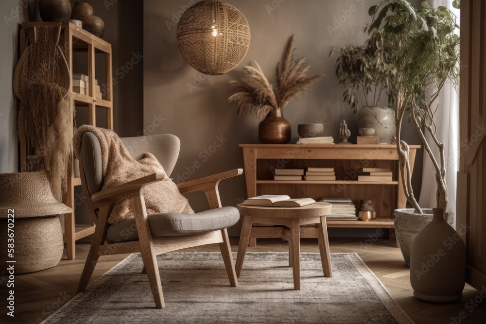 Elegant living room with armchair and wooden table. Generative AI Elegant living room with armchair and wooden table. Generative AI