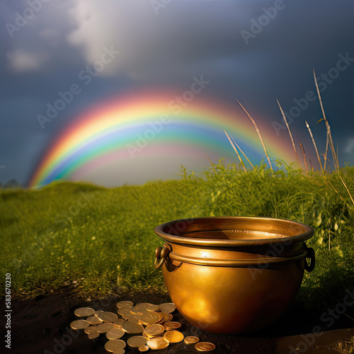 AI generated golden pot with gold coins on green grass and rainbow background