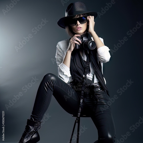 AI generative Portrait of a beautiful young woman in hat and sunglasses. Fashion photo
