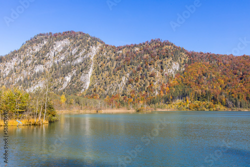 Lake Almsee in the Almtal valley as one of the most beautiful areas in Austria during autumn