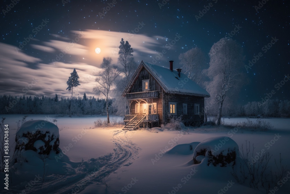 house in the winter night. generative ai