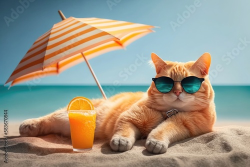 Cat wearing sunglasses on the beach. Generative AI
