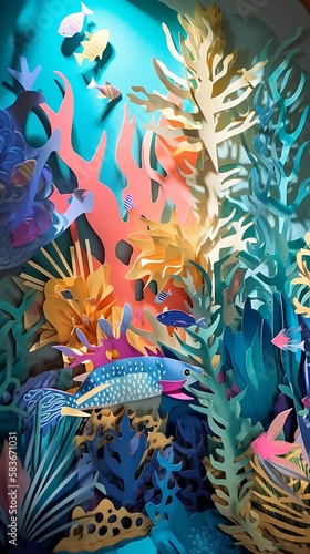 An underwater scene of a coral reef with a variety of sea creatures swimming around it AI Generative