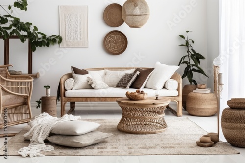 Coastal Boho living room in white. ,. Generative AI