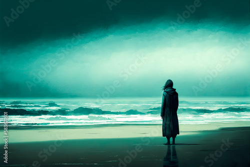 Woman alone on a beach with ocean in the background. Cold colors to translate sadness and nostalgia after a breakup. Generative AI photo